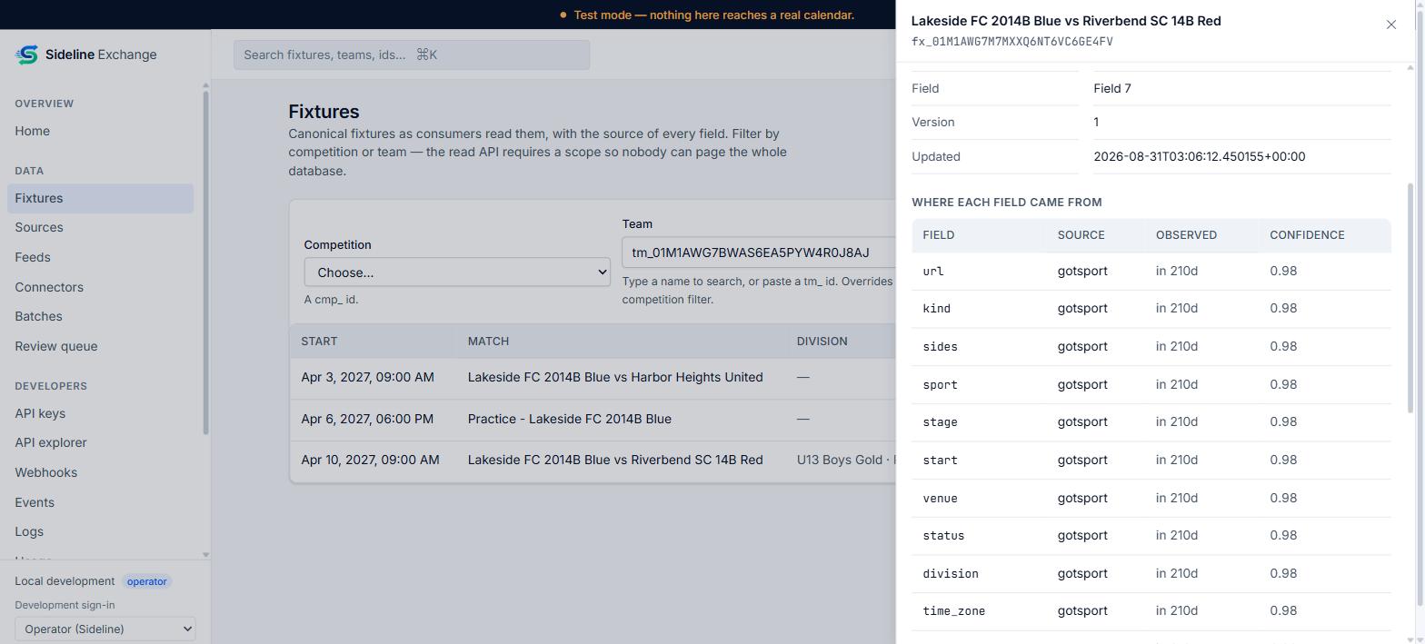 The dashboard explorer showing a fixture with per-field provenance